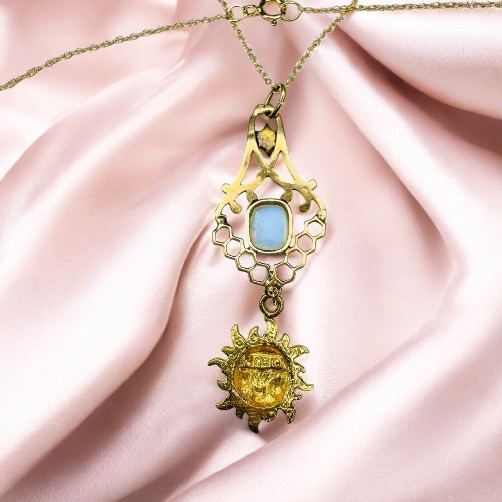 ANTIQUE- 10k Gold- Natural Opal & Seed Pearl Sun Necklace - Victorian Era- 2.1g - Picture 16 of 16